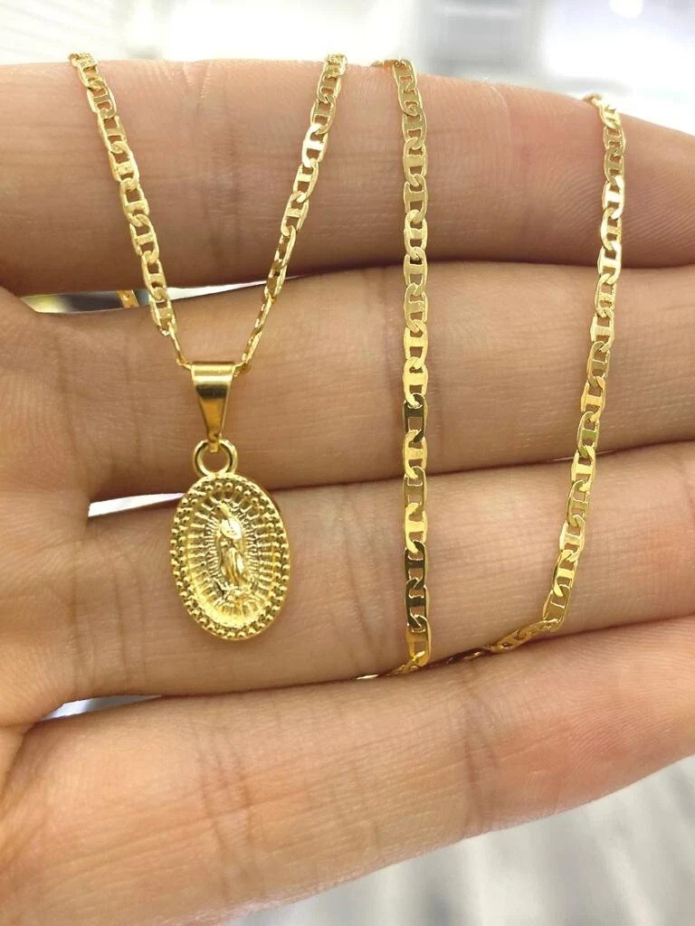 Virgen de Guadalupe Necklace Necklace Gold F Medalla Cadena Baby Women Kids 14×8