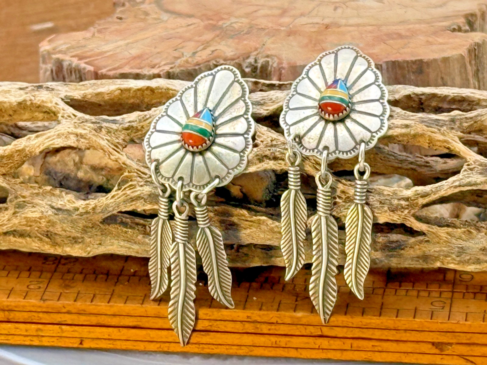Wheeler Manufacturing Sterling MultiStone Inlay Concho Feather Earrings-2362.25