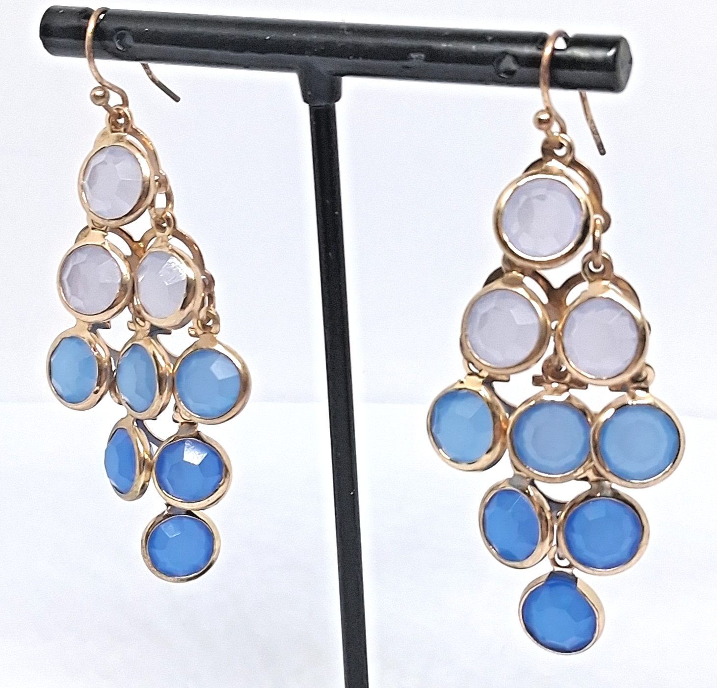 Gold Tone with Blue Taper 2 Inch Chandelier Drop Hook Earrings