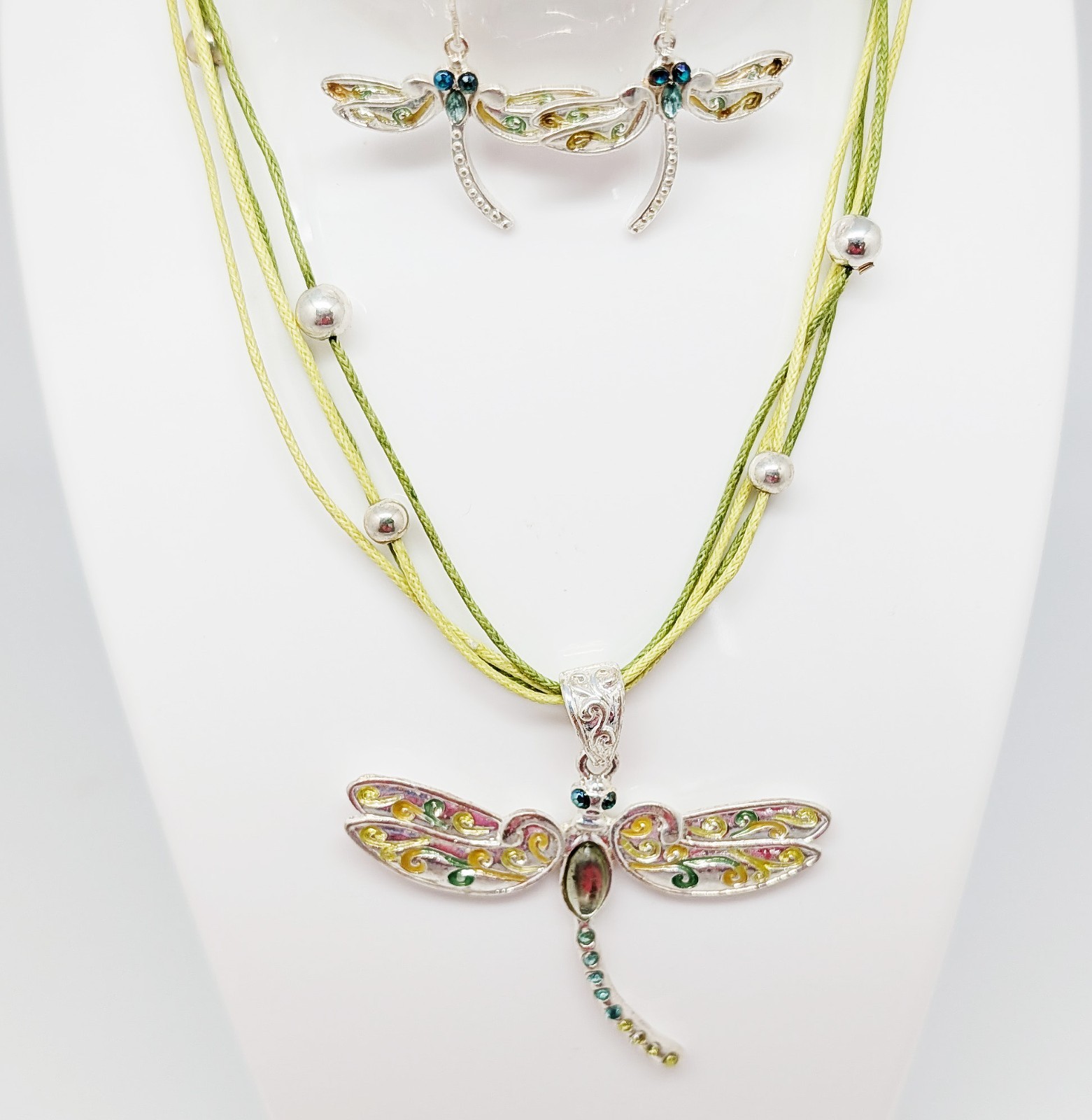 DESIGNER INSPIRED 18 in GREEN CRYSTAL ENAMEL MULTI CORD SILVER TONE JEWELRY SET