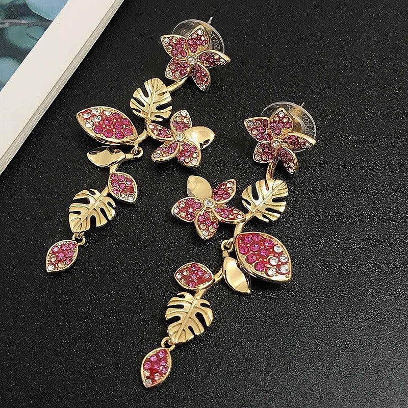 Swarovski Sweet Pink Blooming Flower Tassel Earrings Small Vine Flower Leaf