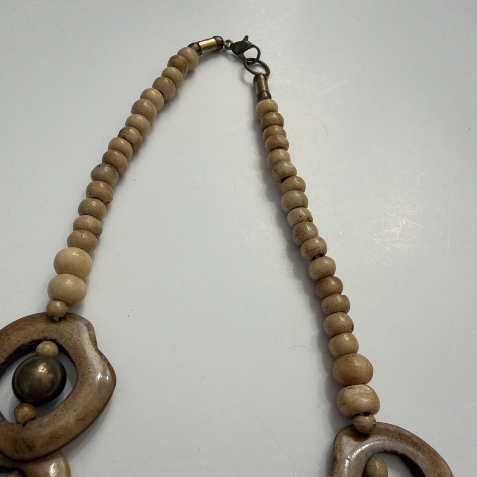 Artisan Vntg Wood Statement Necklace Carved Wooden Links with Brass Tone Beads