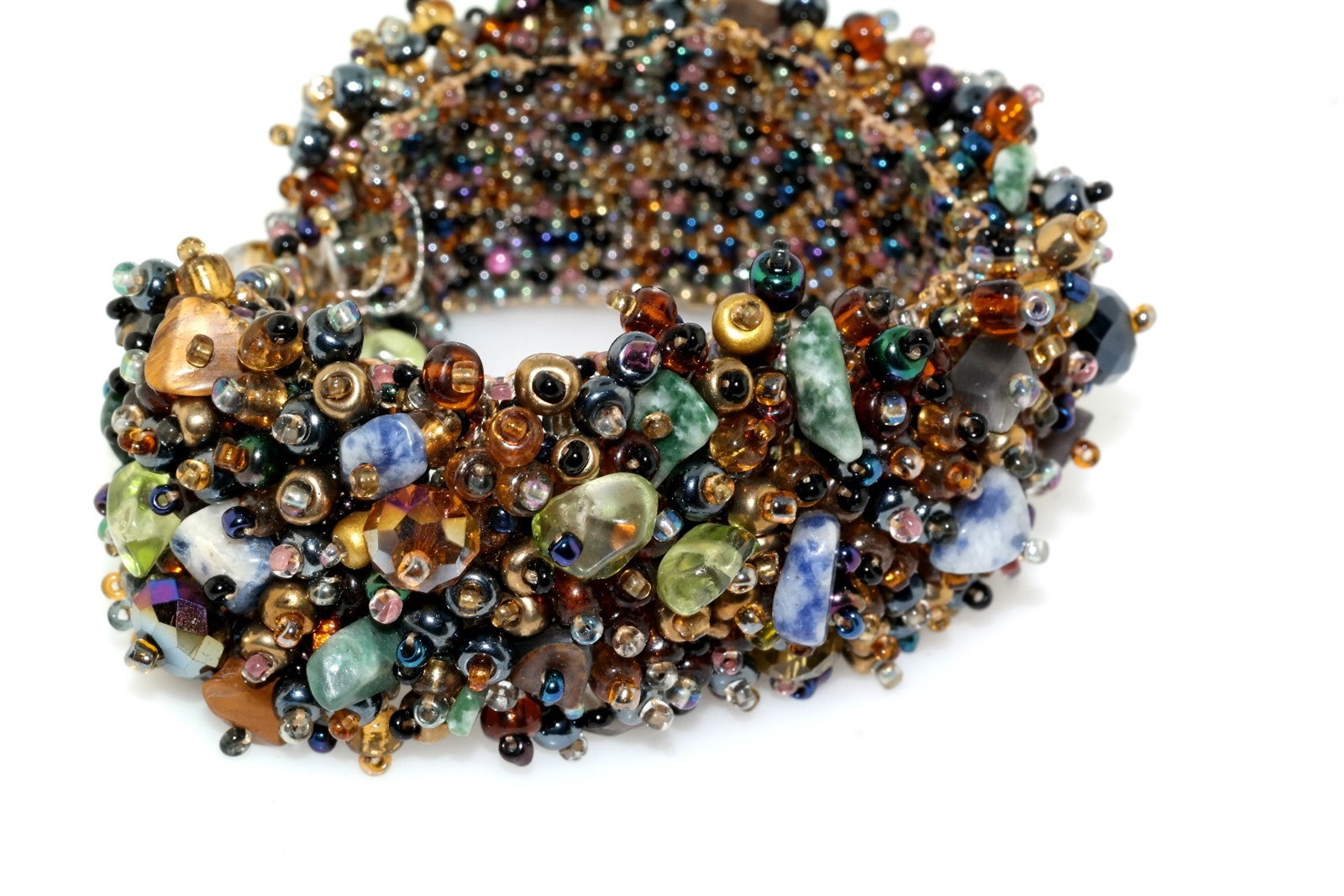 Woven Micro Bead Chunk Stone Faceted Crystal Mesh Bracelet Earth Tones