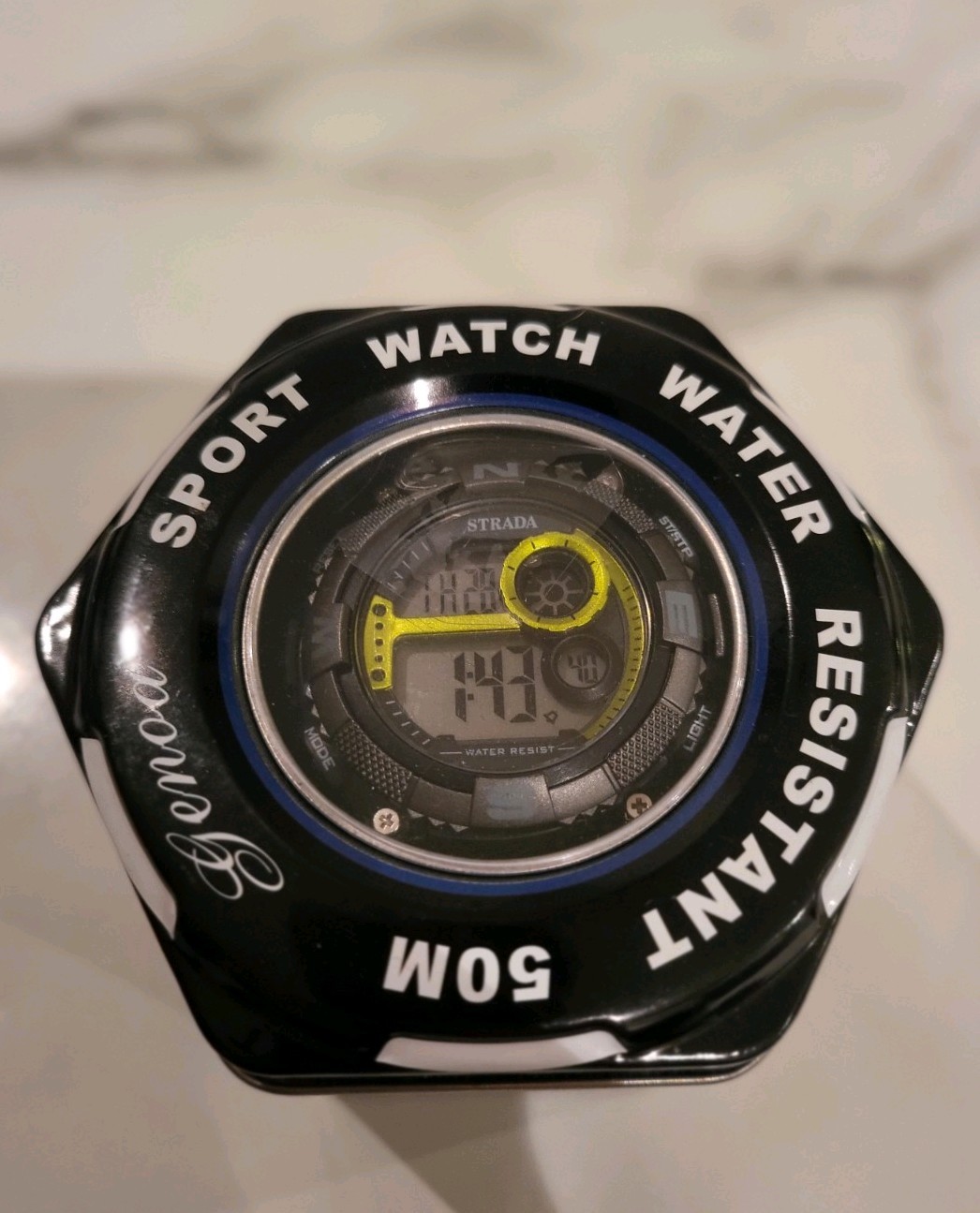 ​Strada Digital Sport Watch Black Case Yellow Detail Mens Wristwatch New in Tin