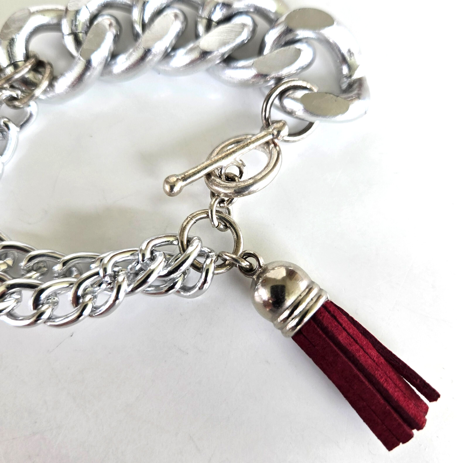 Vintage Silver Tone Aluminum Chain Burgundy Leather Tassel Bracelet 7-1/8″