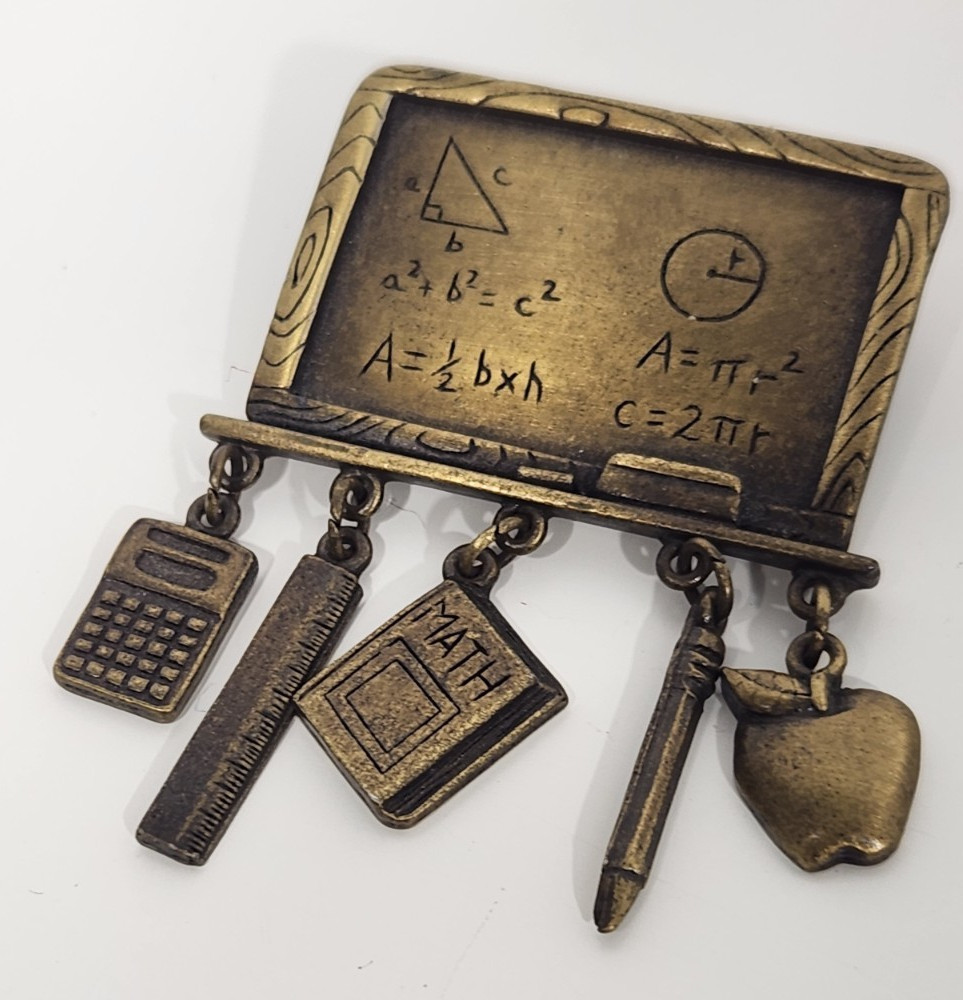 JJ Signed Gold Tone Metal Teacher & School Theme Dangle Brooch Pin, No Stones
