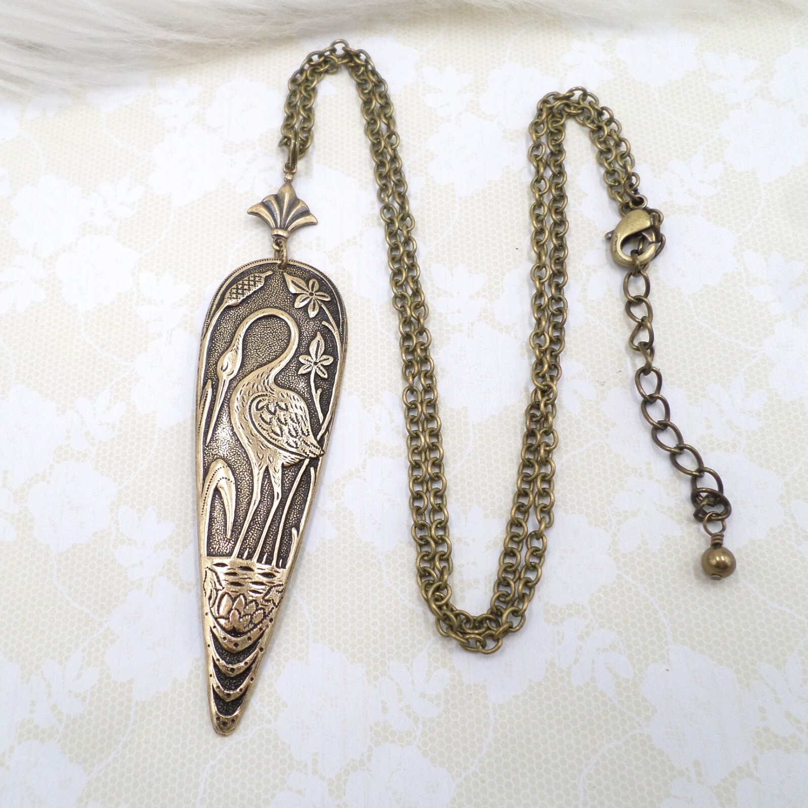 Antique Brass Heron Crane Pendant Necklace, Art Nouveau Bird Lover Gift Idea