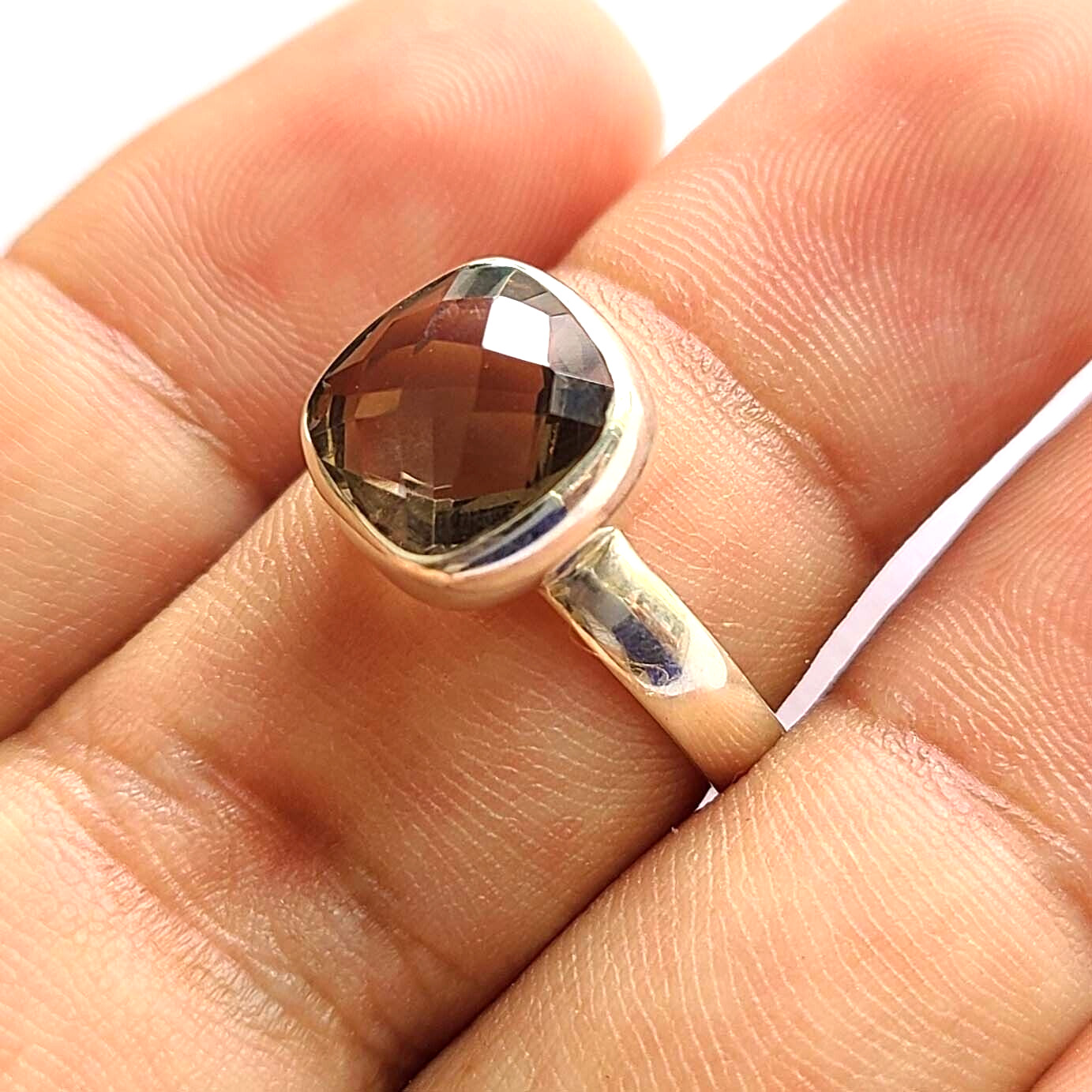 Checker Cut Smoky Quartz 925 Sterling Silver Handmade Ring All Size Available