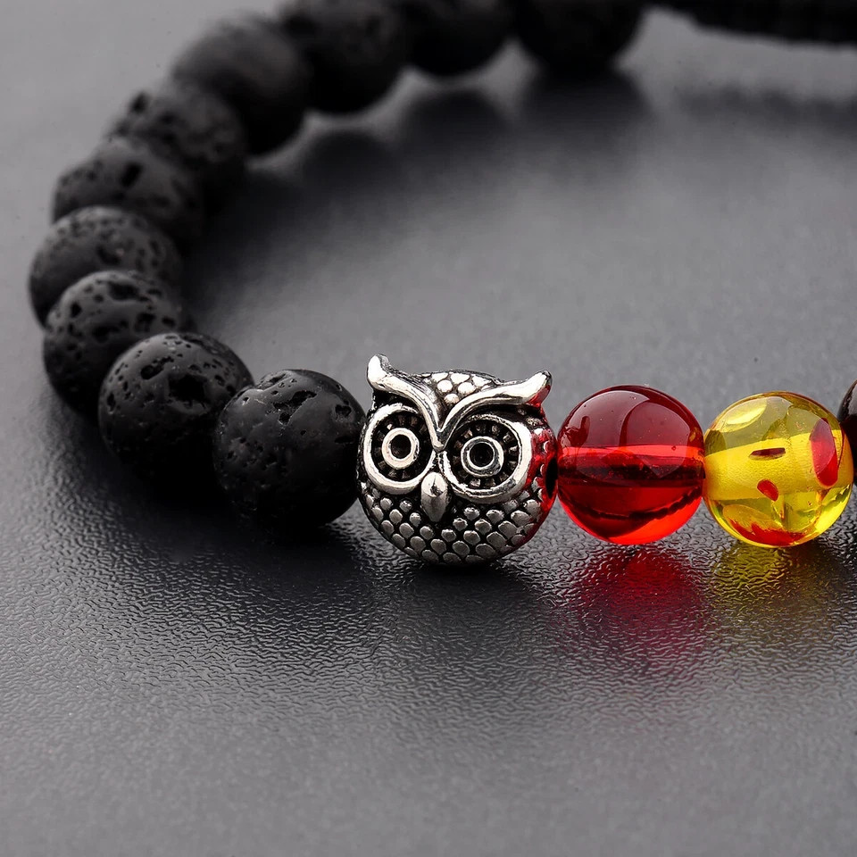 7 Chakra Adjustable Volcano Stone Beaded Bracelet with Owl Charm for Men