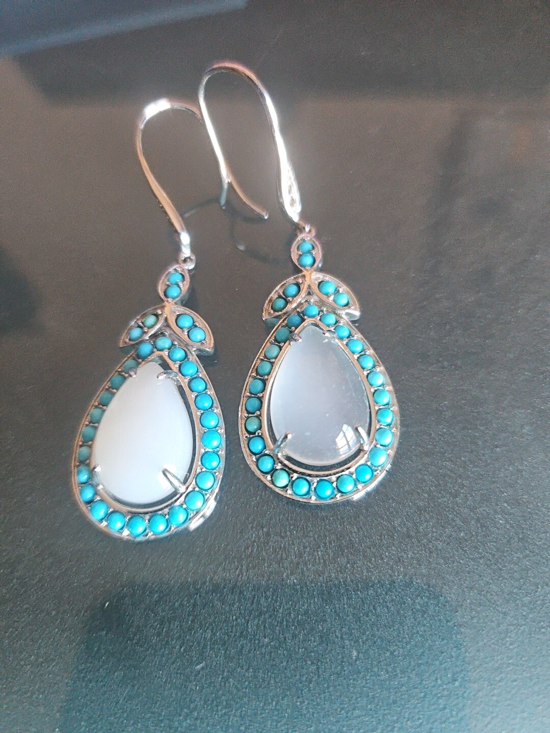 Affinity Gems Moon Stone & Blue Turquoise Sterling Silver 925 Drop Earrings NWOT