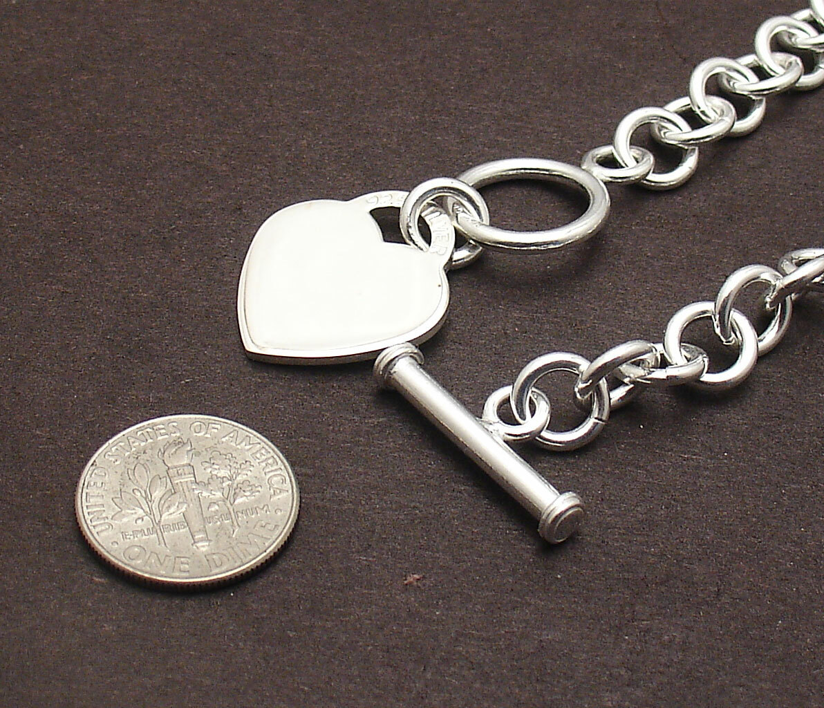 Solid Engravable Heart Tag Bracelet with Toggle Clasp Real 925 Sterling Silver