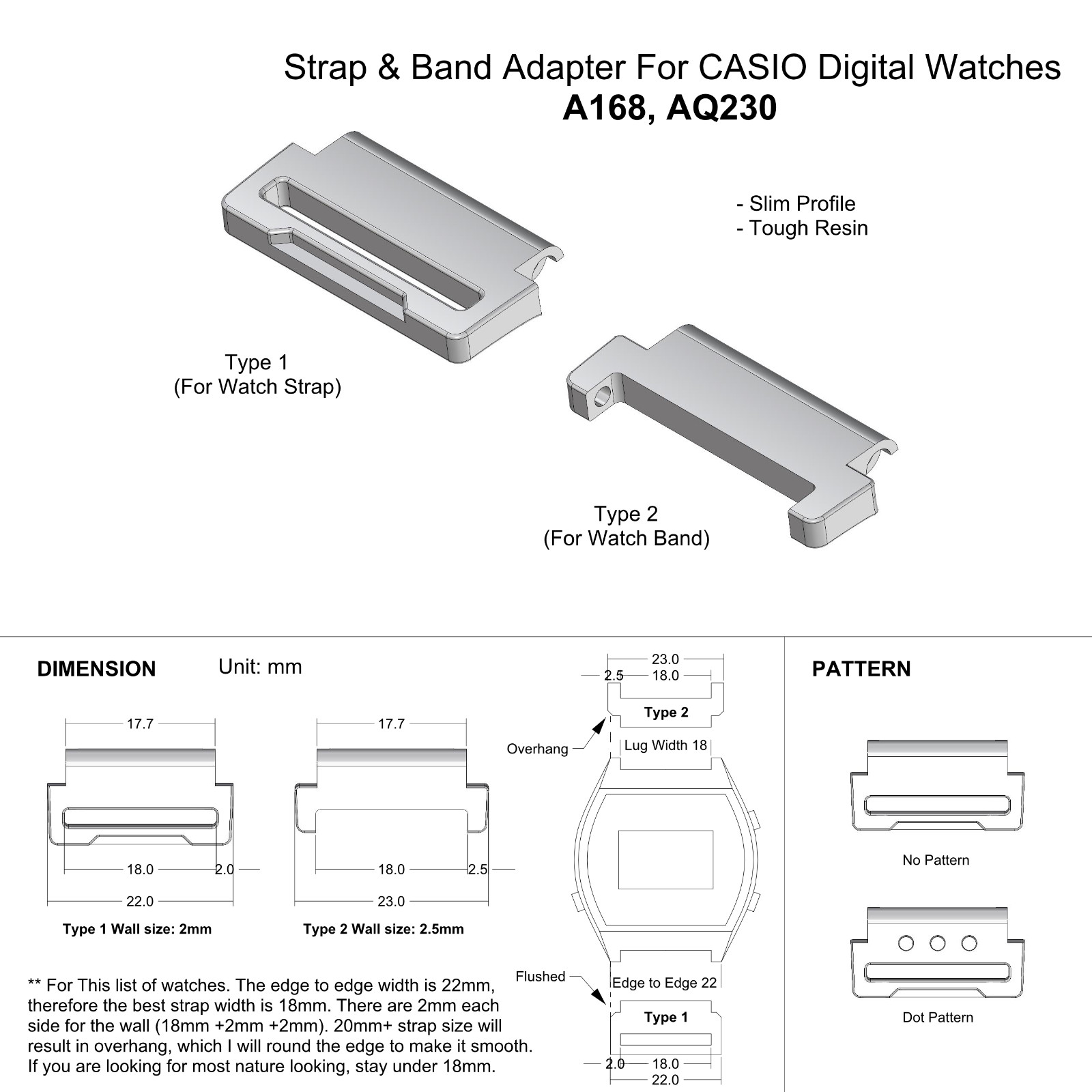 Resin watch strap & watch band adapter for CASIO A168 & AQ230 Slim profile