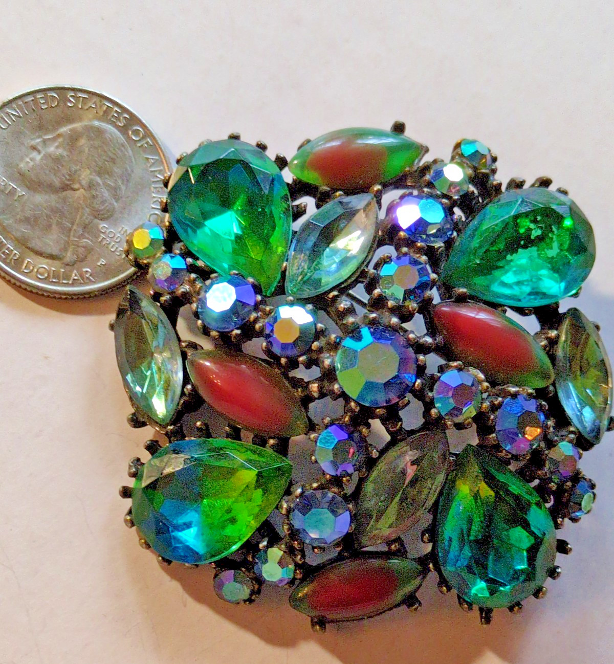 ART Arthur Pepper Watermelon Bicolor AB Glass Rhinestone Brooch Blues Greens Red
