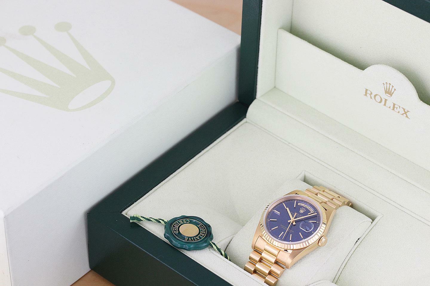 ROLEX MENS PRESIDENT DAY-DATE BLUE DIAL 18K YELLOW GOLD DOUBLE QUICKSET WATCH