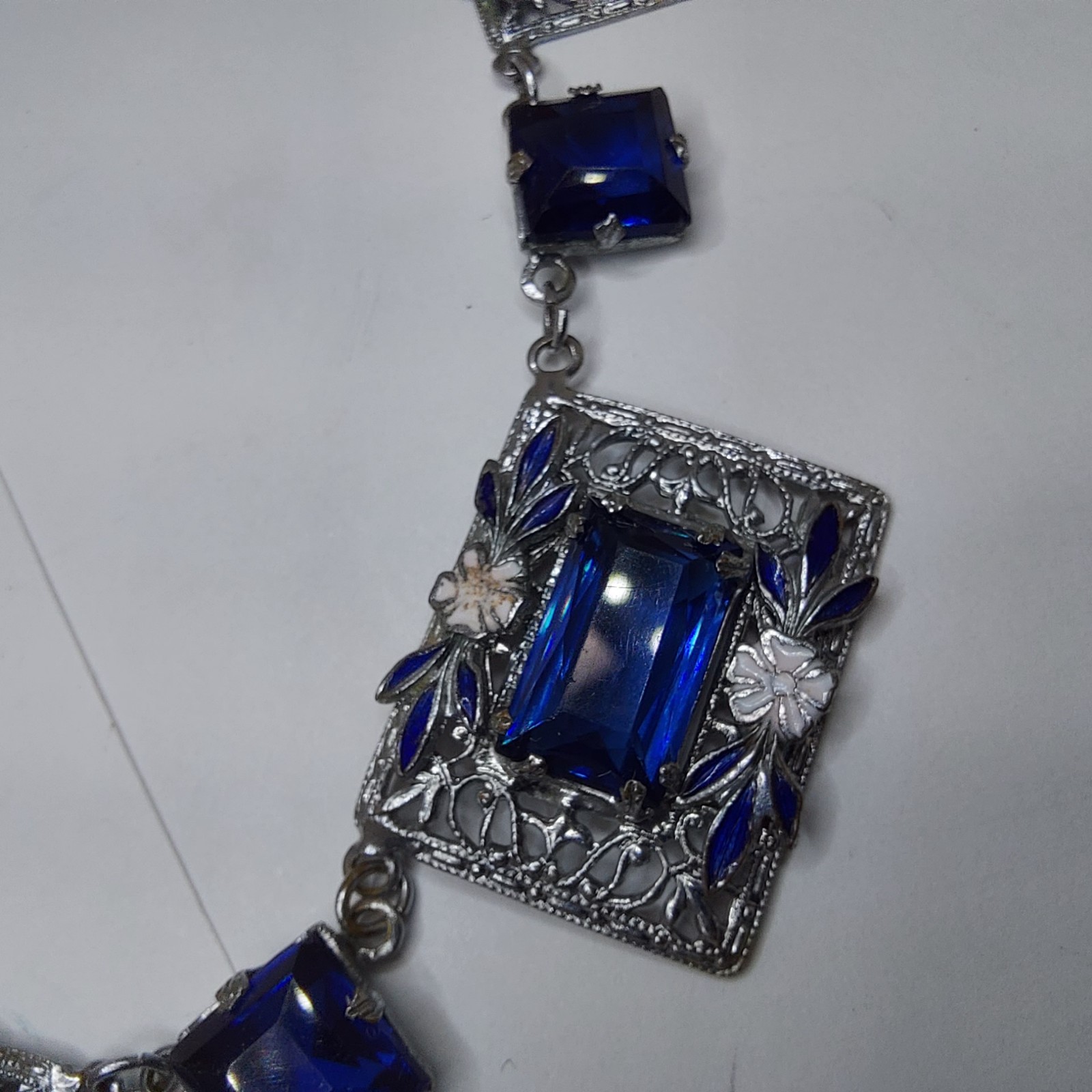 1920s Art Deco Czech Deep Blue Glass Enamel Flower Floral Filigree Necklace