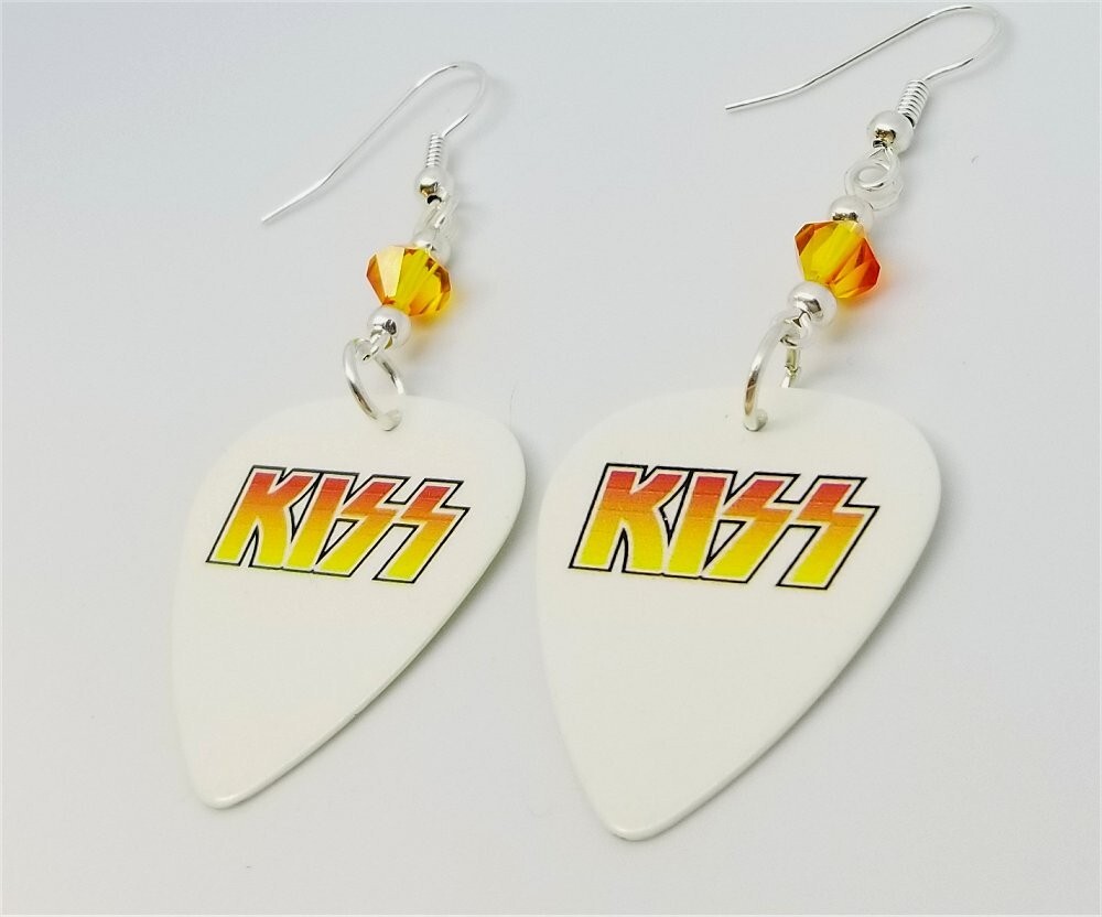 Kiss Logo Guitar Pick Earrings with Orange Swarovski Crystals