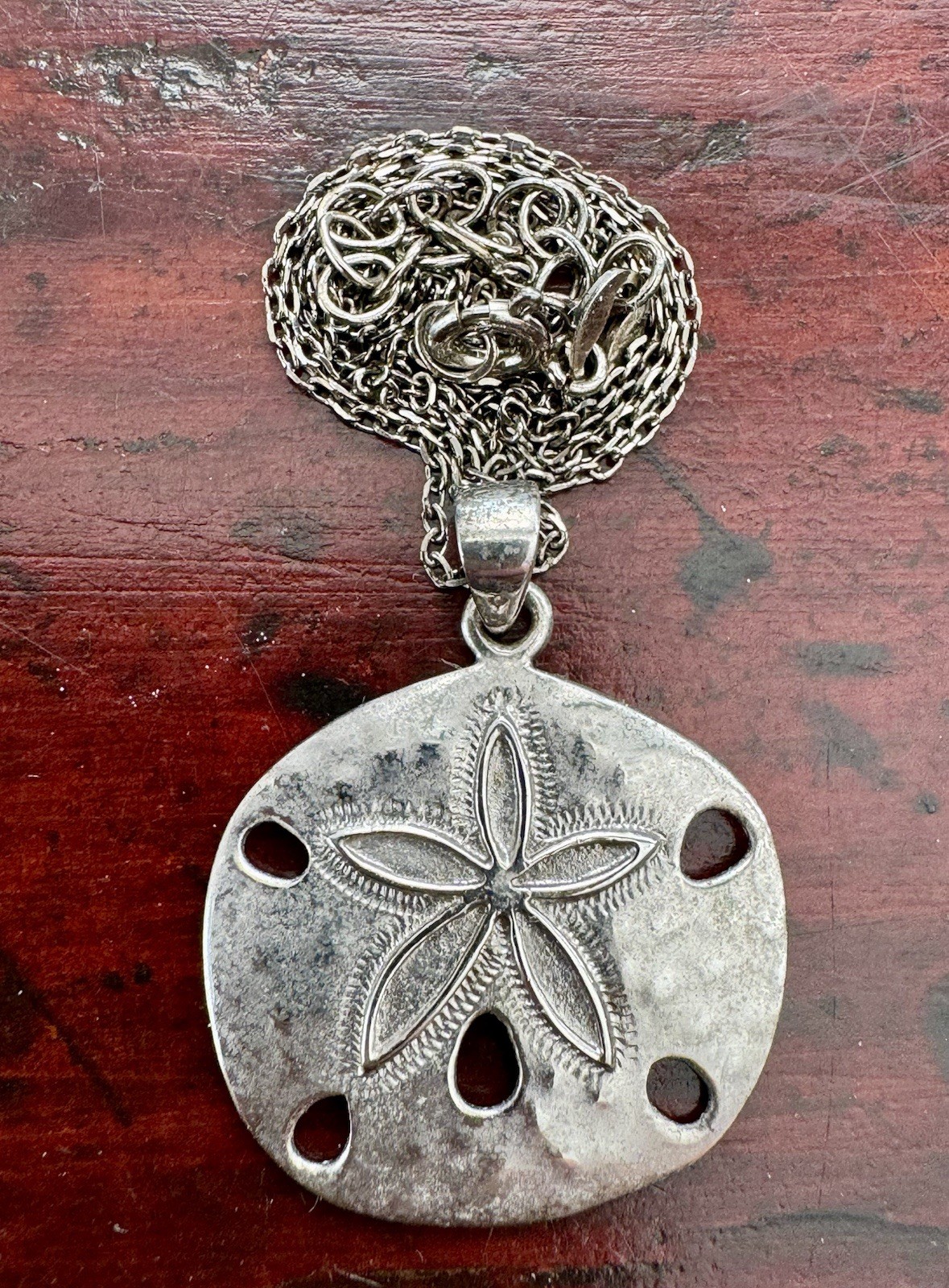 Vtg Sand Dollar Shell Necklace & Pendant Sterling Silver 16” Chain