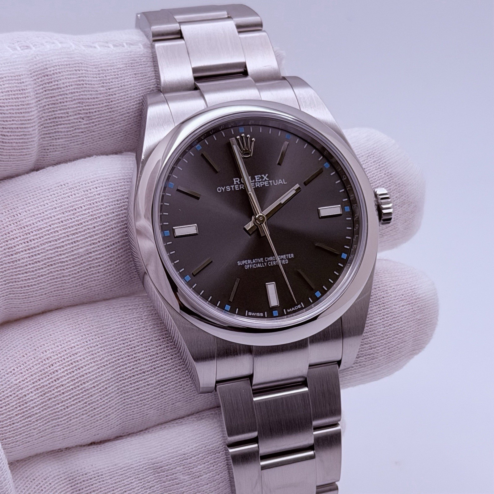 Rolex Oyster Perpetual 39 114300 39mm Dark Rhodium Dial Stainless Steel Box Tags