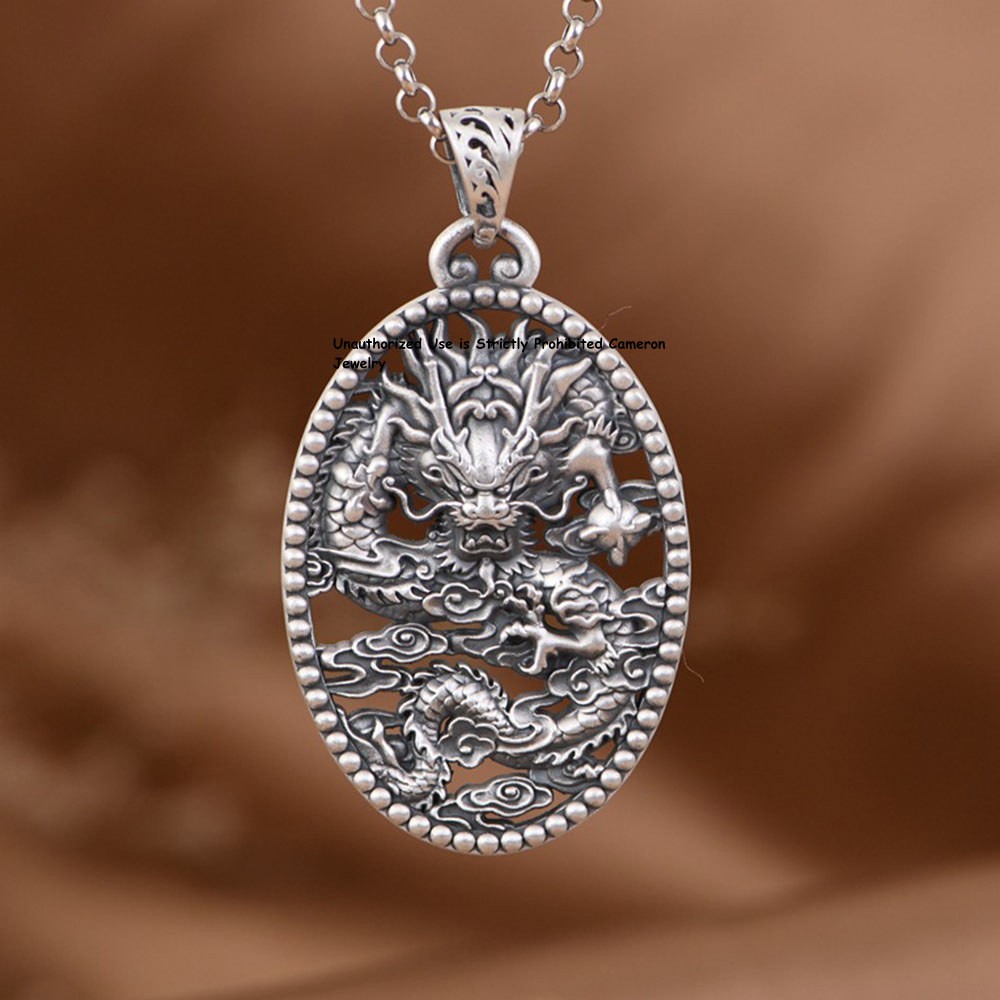 Pure S999 Fine Silver 999 Men Women Lucky Cloud Dragon Pendant 25-26g 56*31mm