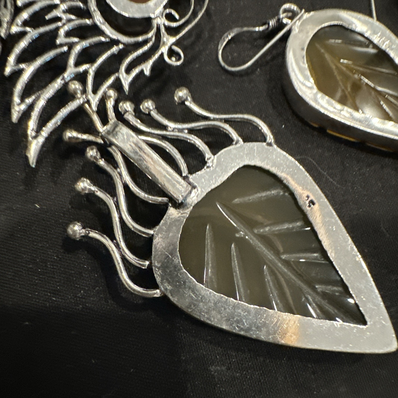 Silver Tone Simulated Gemstone Artisan Angel Wing Leaf Earrings & Pendant Lot 3