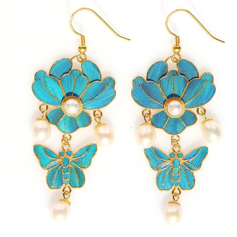 Cloisonne Drop Earrings Gold Plated Long Hook Hanfu Chinese Style Women
