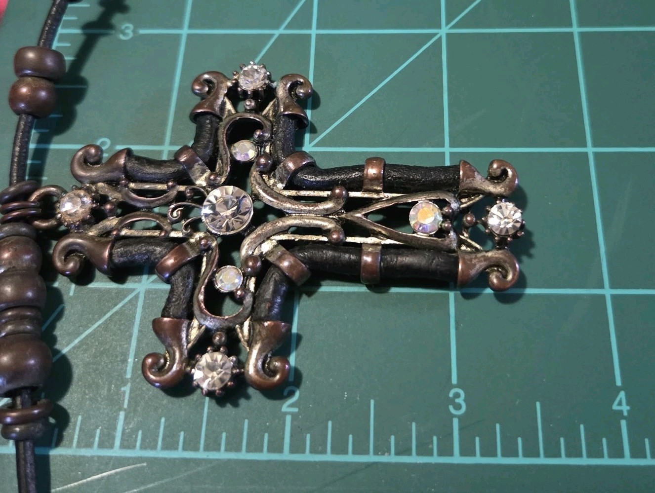 Large Cord Metal Rhinestone Cross Necklace Choker Silver & Copper Tone Bling