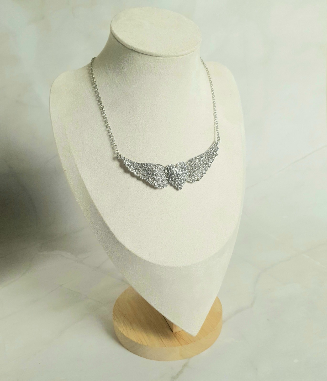 Mikey Crystal Angel Wings Heart Necklace Silver Tone Statement New Unworn Gift