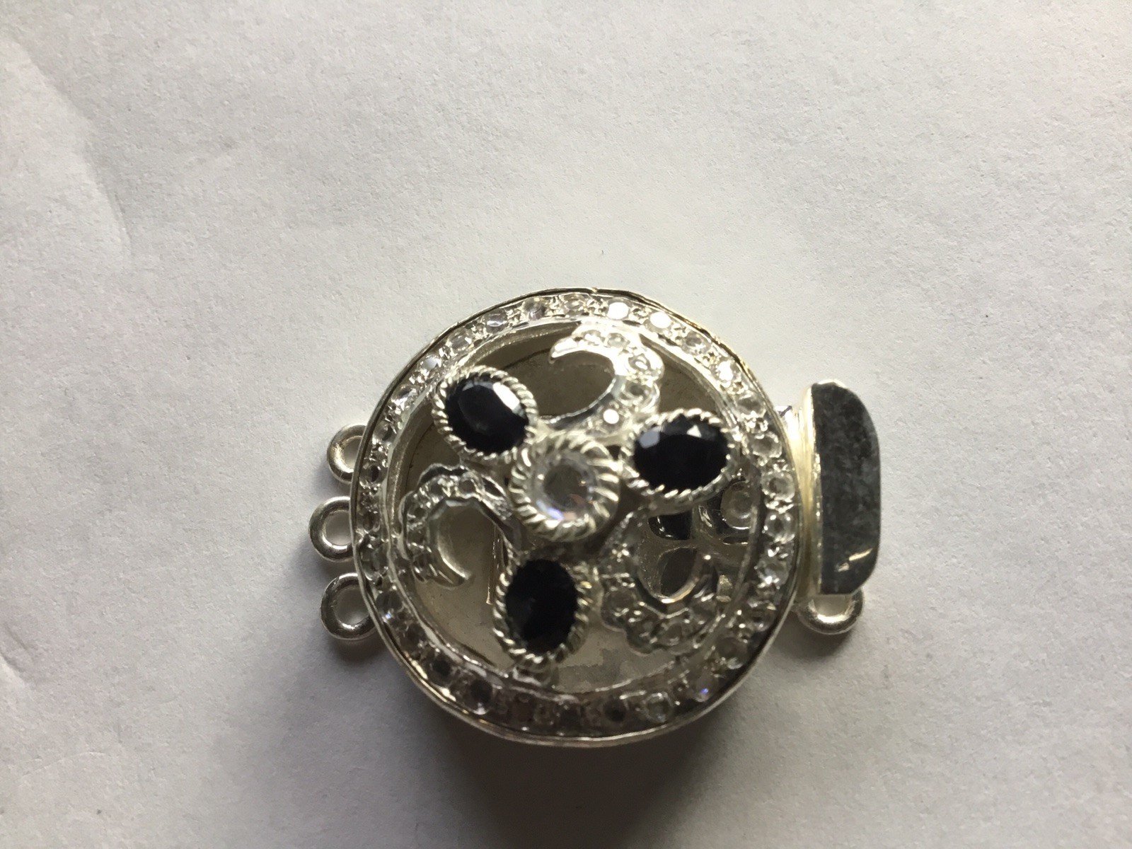 Silver plated brass ,box-tab Clasp for Jewelry w/dark blue sapphire & clear CZ