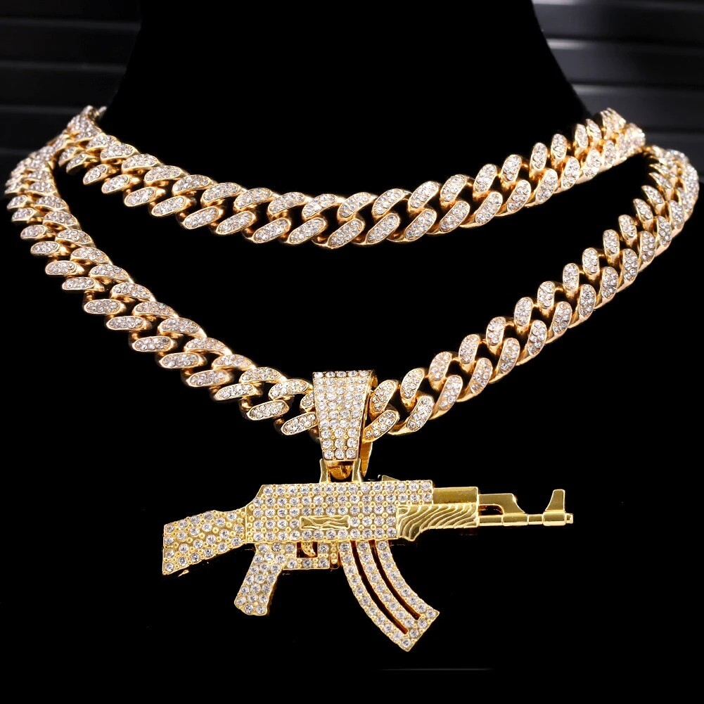 Iced Gun Pendant Necklace 13mm Miami Cuban Link Chain Men Hip Hop Bling Jewelry