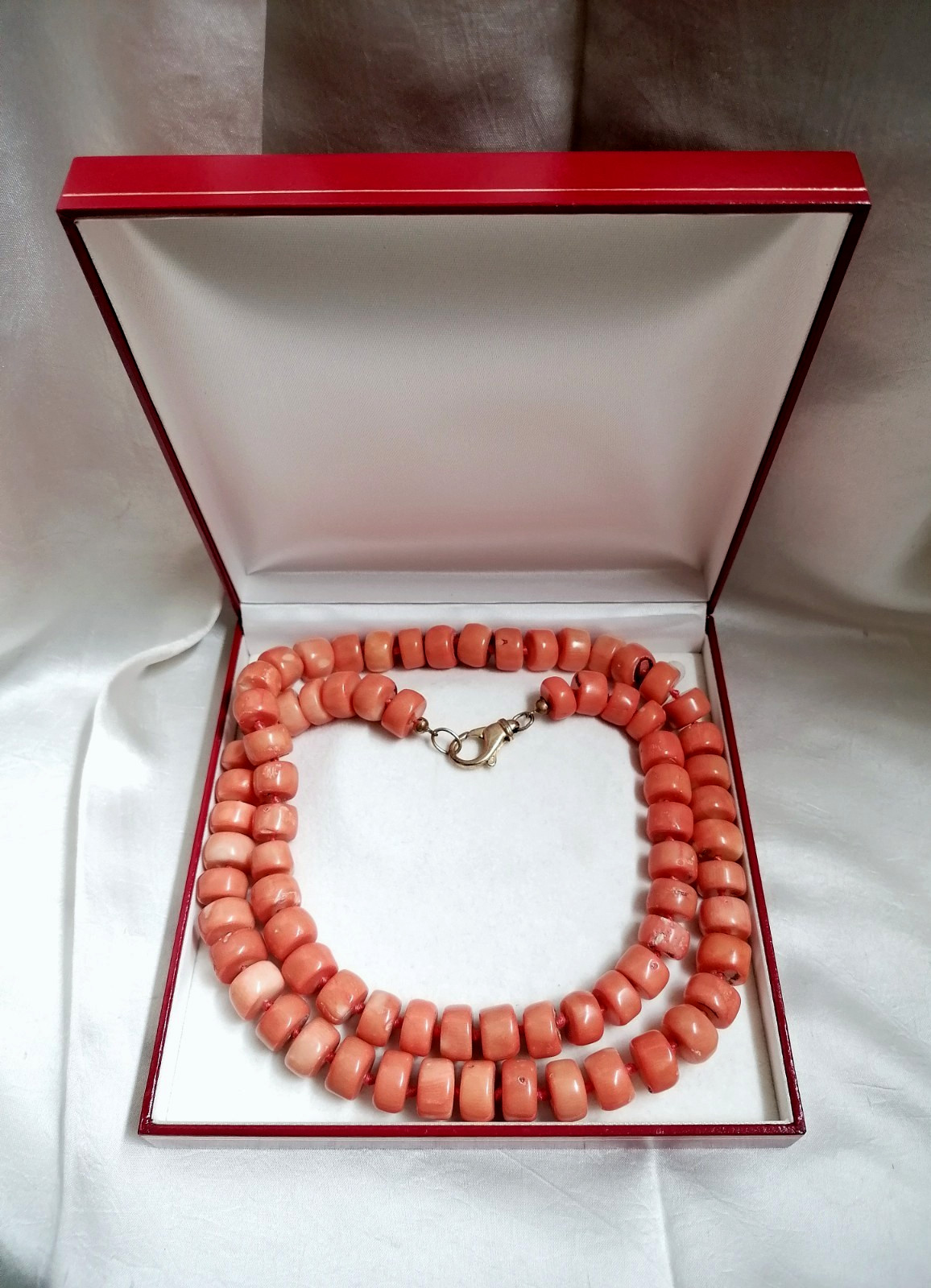 SPECTACULAR MAXI LONG NECKLACE CORAL BAMBOO SALMON CLASP SILVER GOLD.