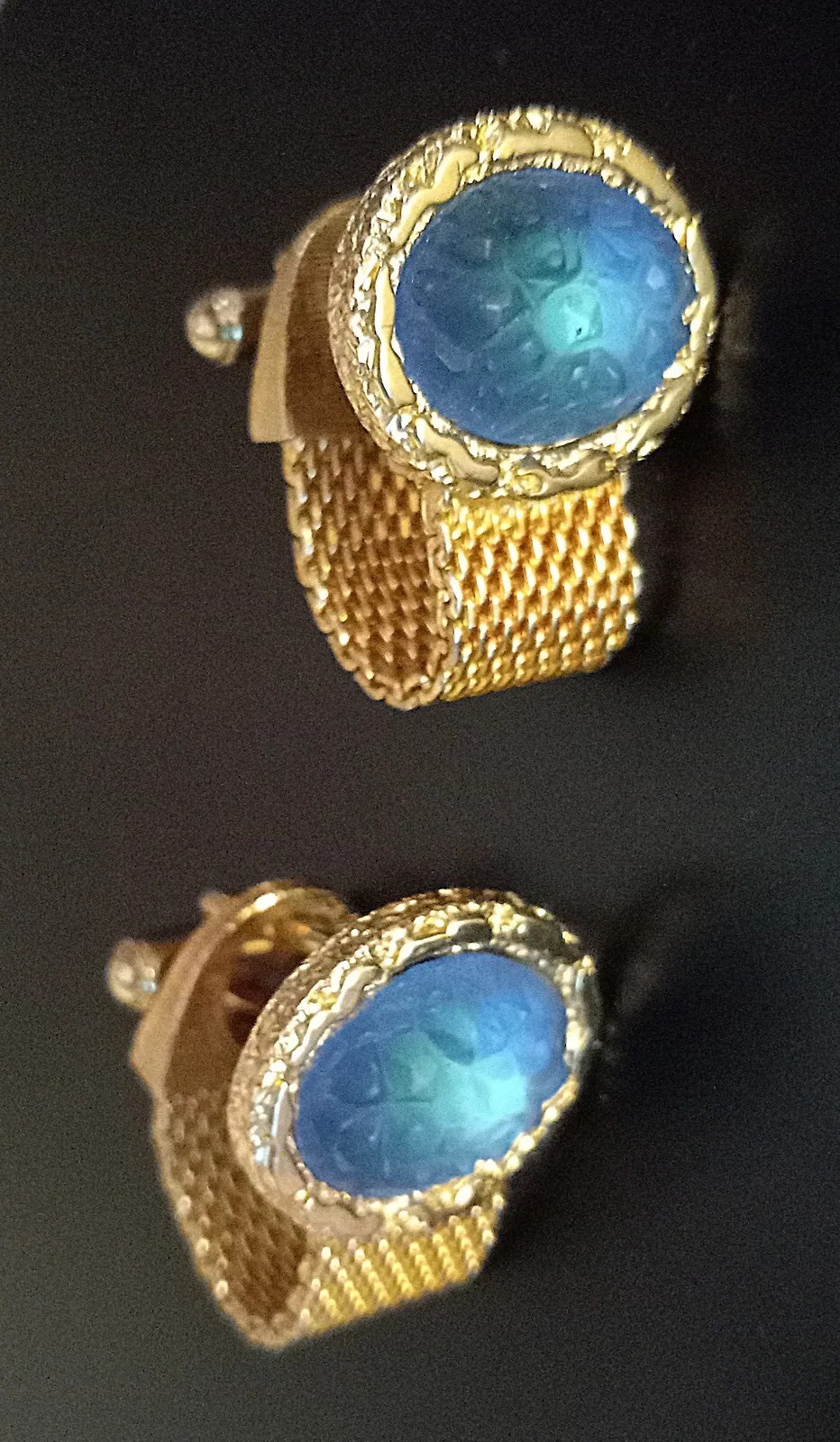 Unique Moon Glow Goldtone Cufflinks. Blue Green