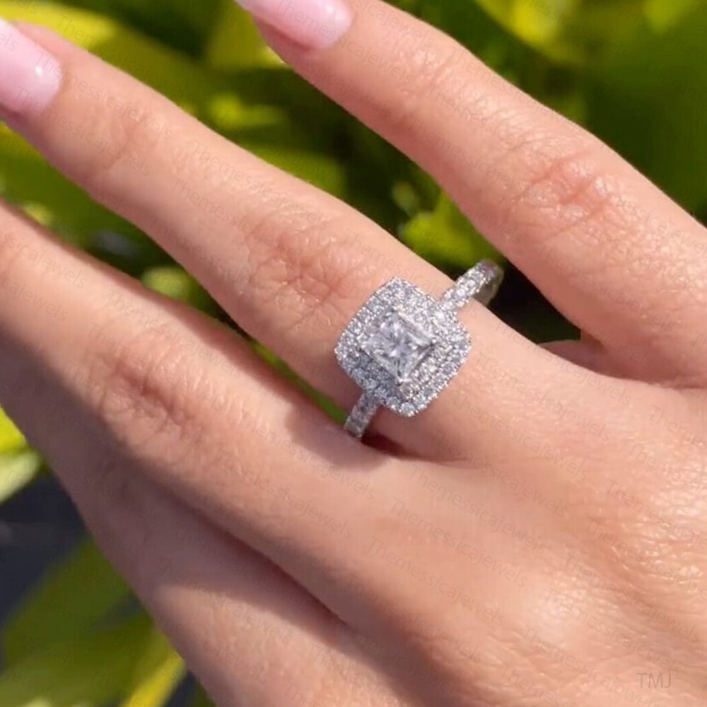 1.45 TCW Princess Moissanite Double Halo Engagement Ring 14K White Gold Plated