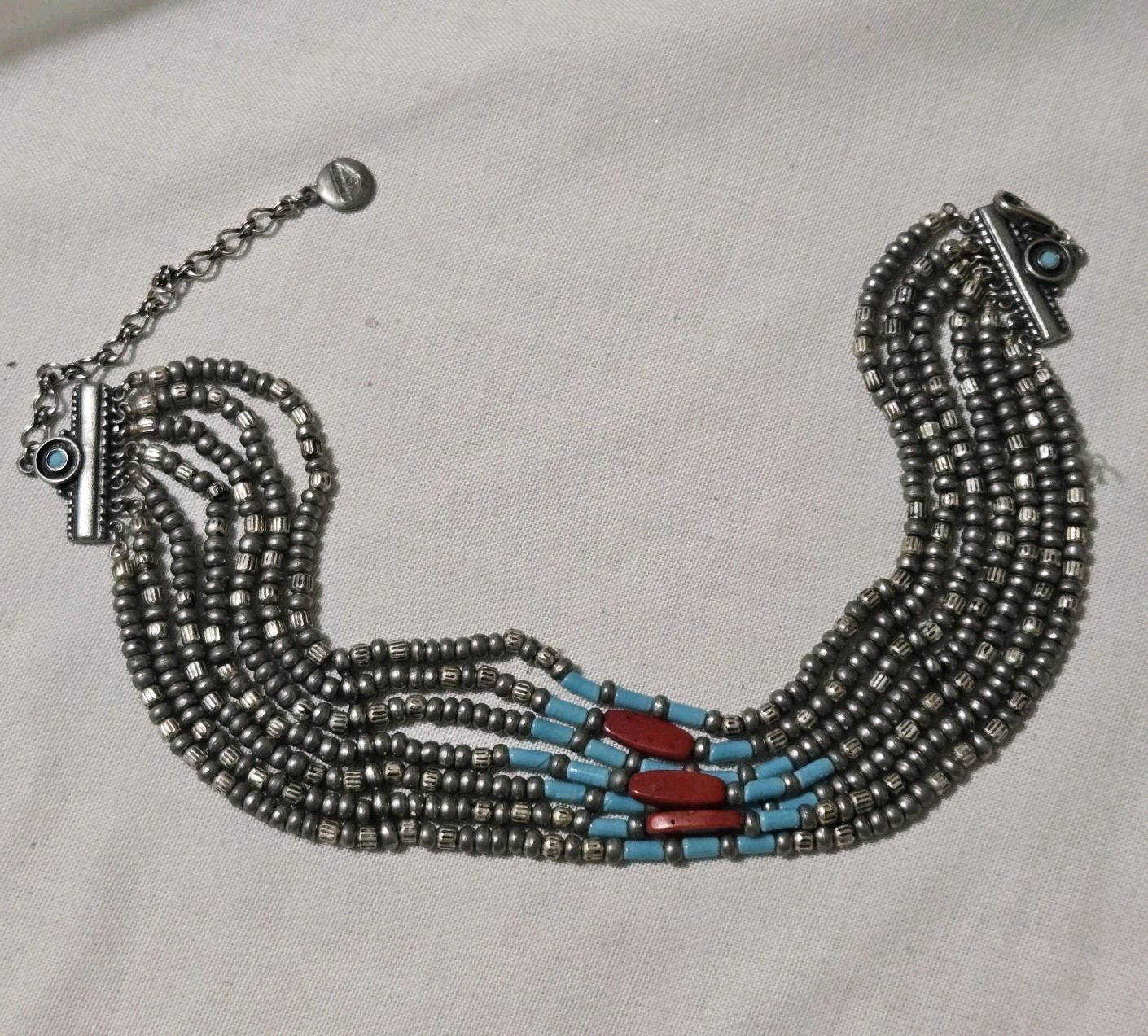 Vtg Signed Ben Amun 15″ Choker Necklace 7 Row Strand Faux Turquoise Coral