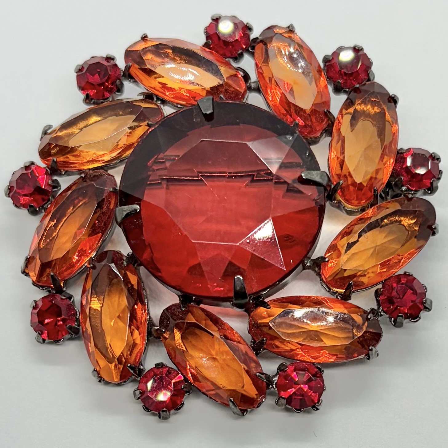 Vtg Red Orange Acrylic Rhinestone Jewel Statement Brooch Gunmetal Pinwheel