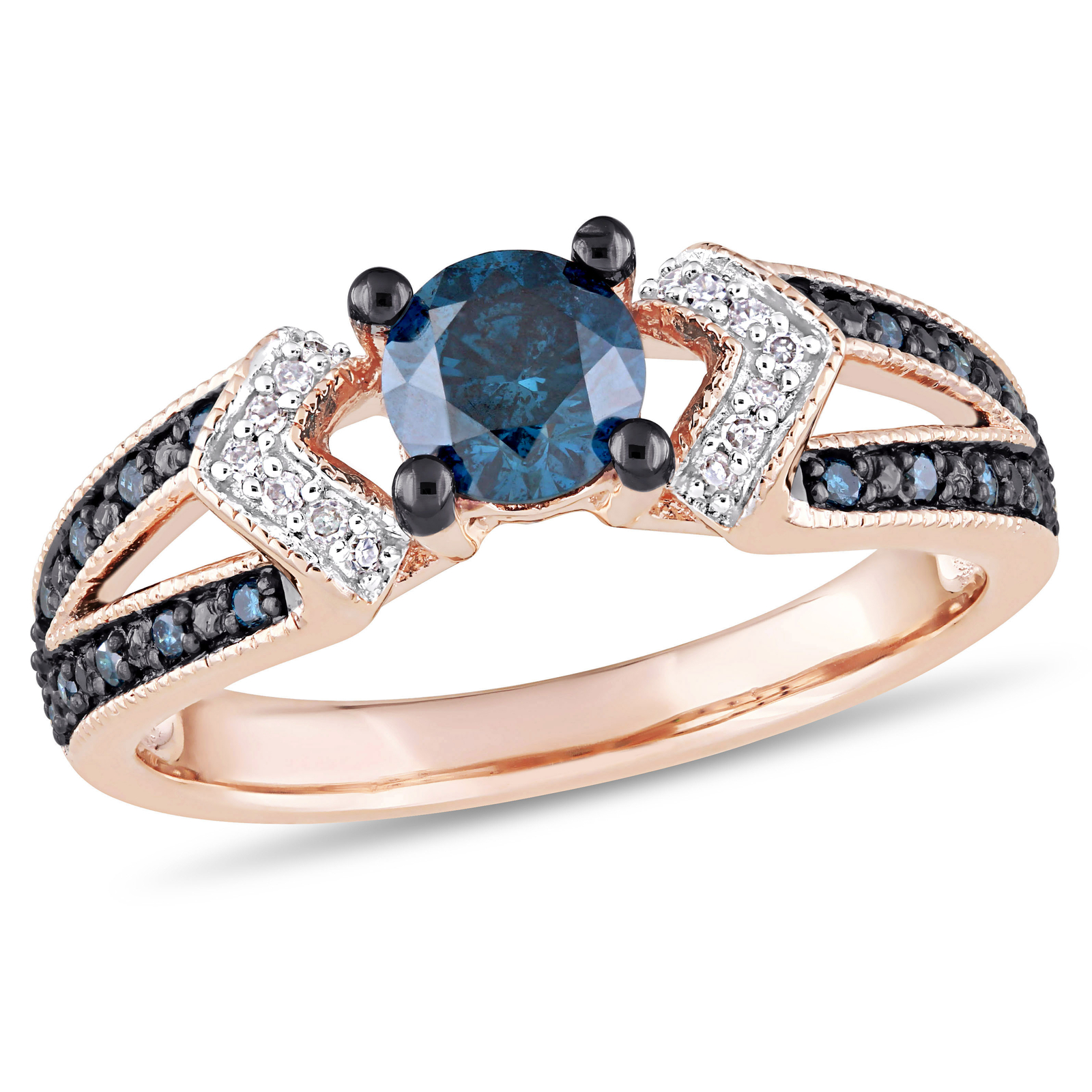 Amour 10K Rose Gold Blue and White Diamond Split Shank Engagement Ring