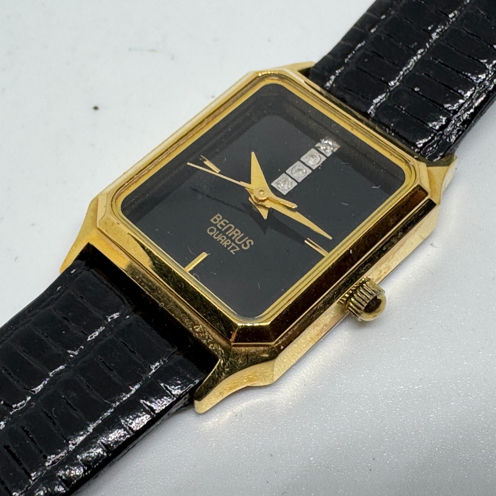 Benrus Quartz Watch Women Gold Tone Diamond Rectangle Leather Analog New Battery