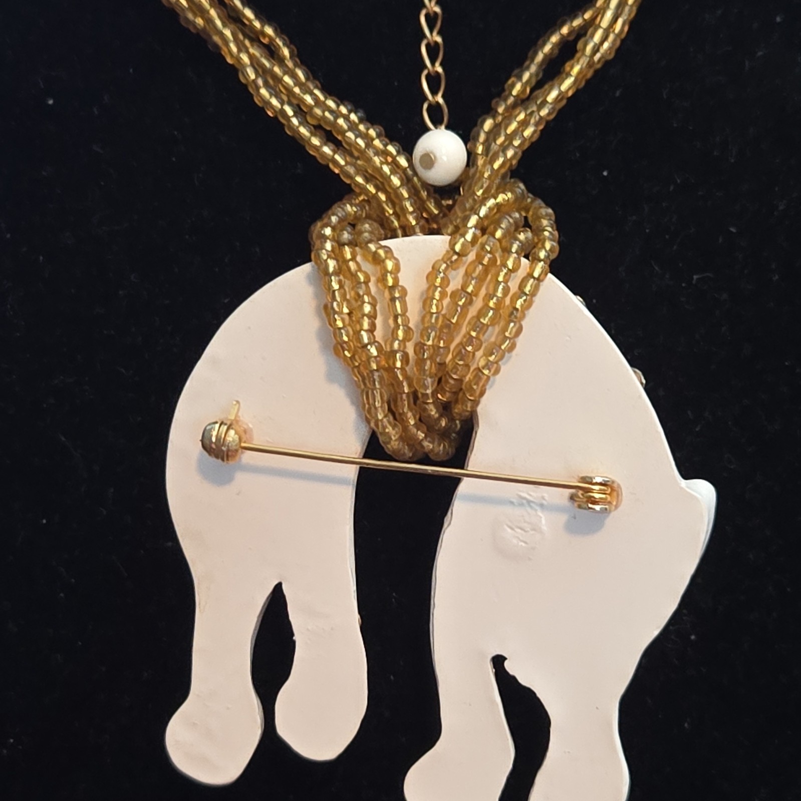 White Beaded Ball Chain Necklace Gold Tone Elephant Charm Pendant Rhinestones
