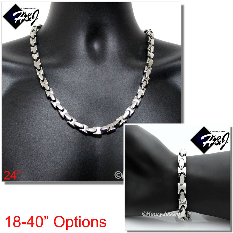 18-40″MEN Stainless Steel 8mm Silver Interlock Bone Link Chain Necklace Bracelet