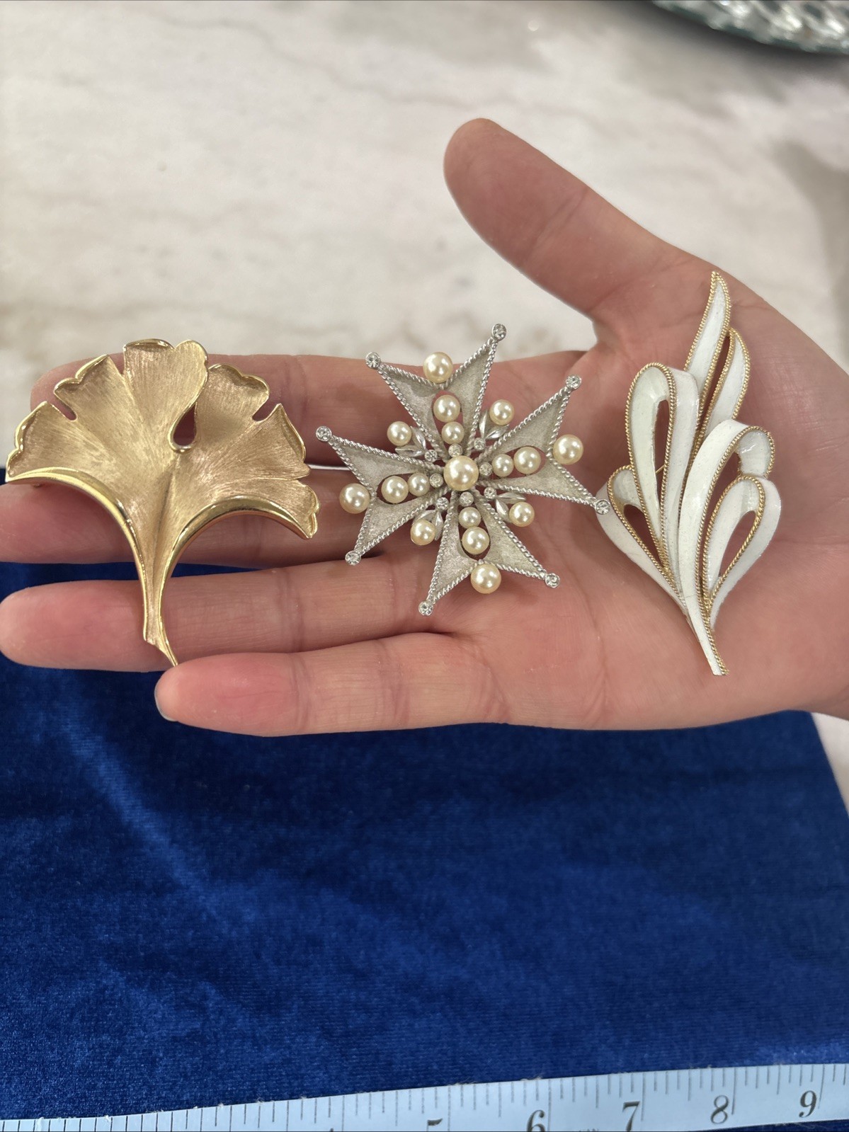 Vintage Crown Trifari Brooch Lot Of 3. All Signed. All Plated. 1 Maltese Cross