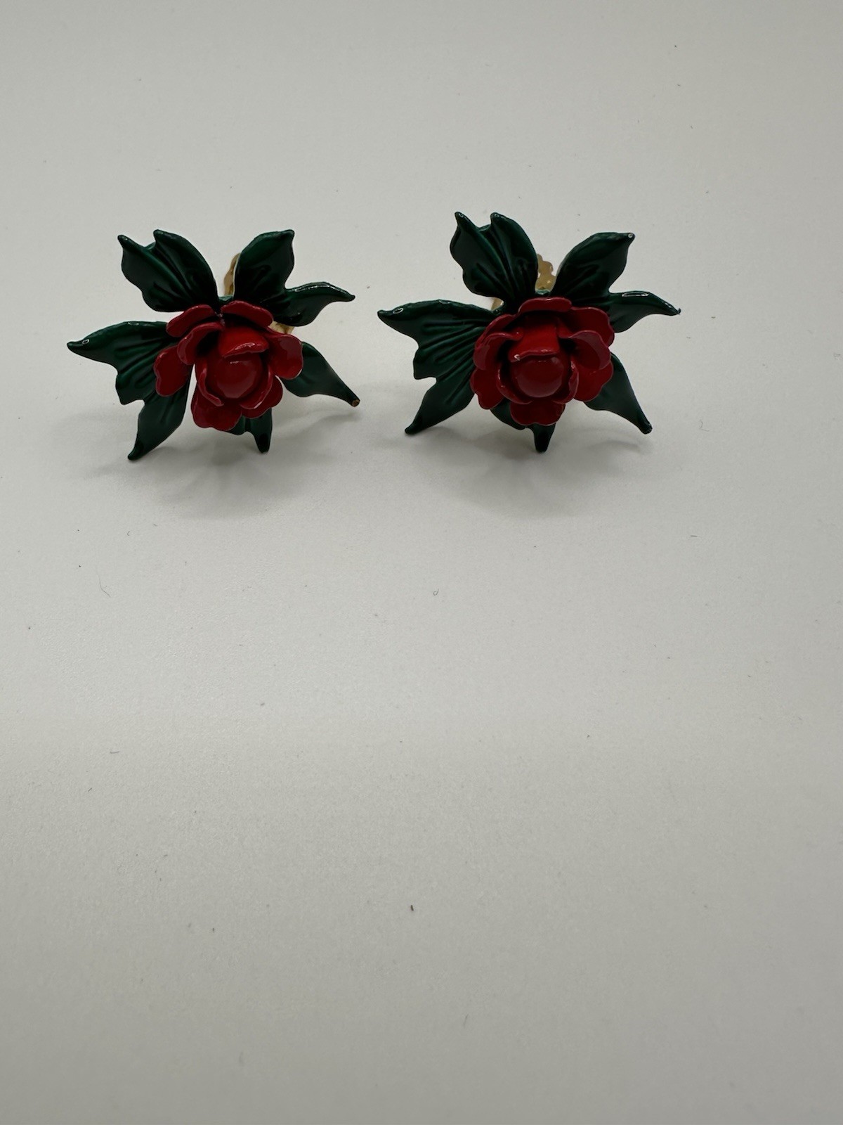 Vintage Metal and Enamel Red Rose Clip On Earrings 1”W