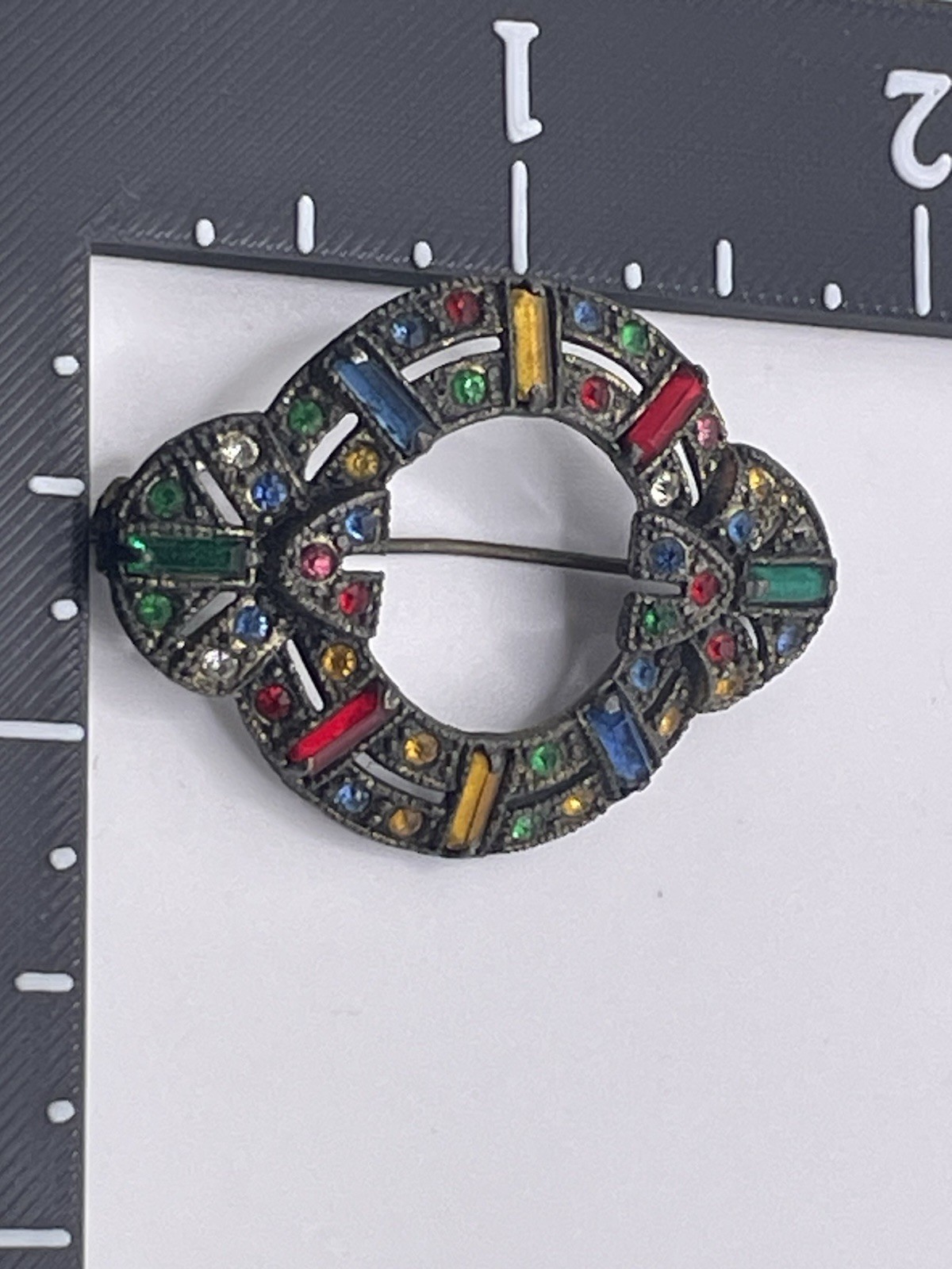 Vintage Art Deco Czech Brooch Pot Metal Rhinestone Multicolor READ