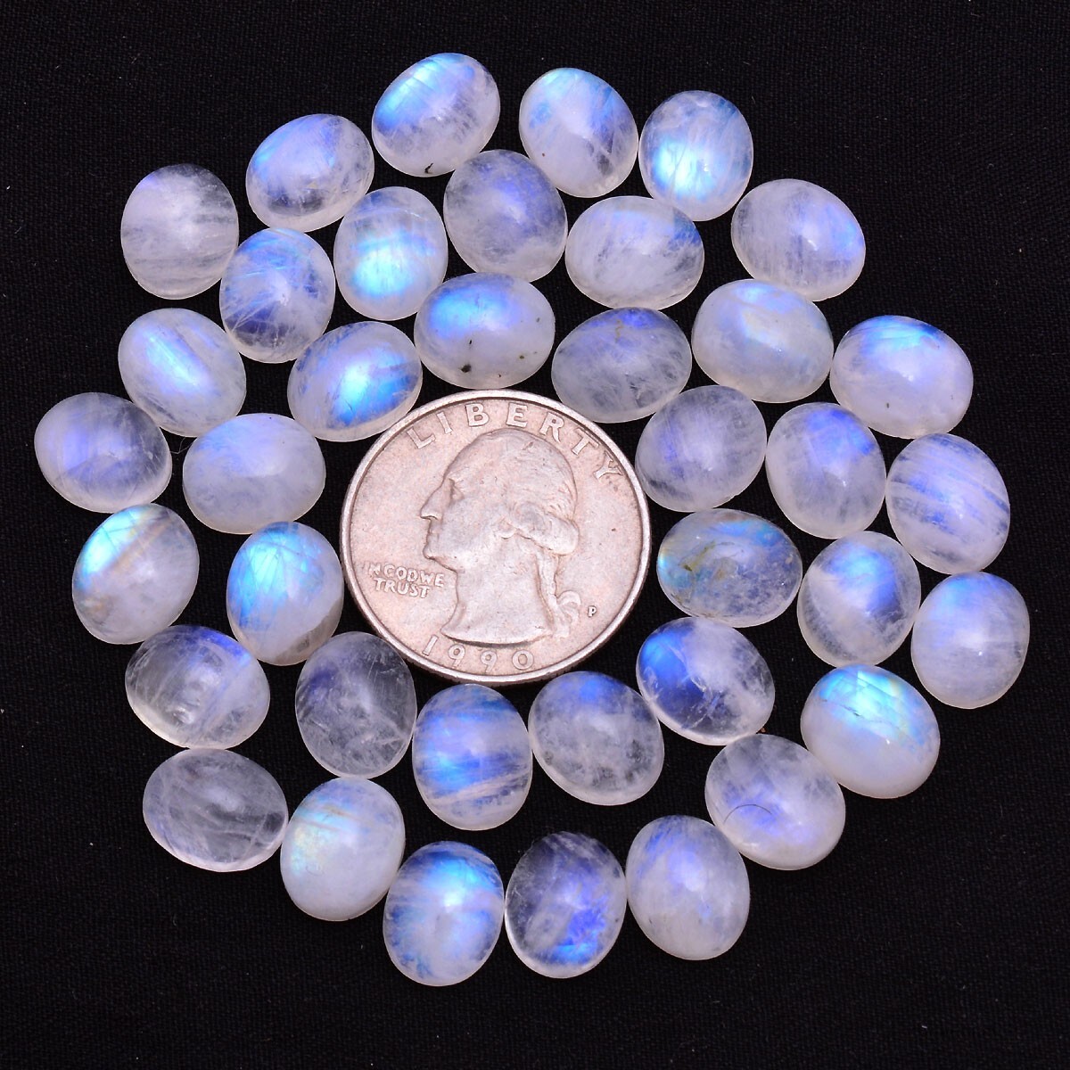 38 Pcs Natural Moonstone Blue Shine 11mm*9mm Oval Cabochon Unheated Gemstones