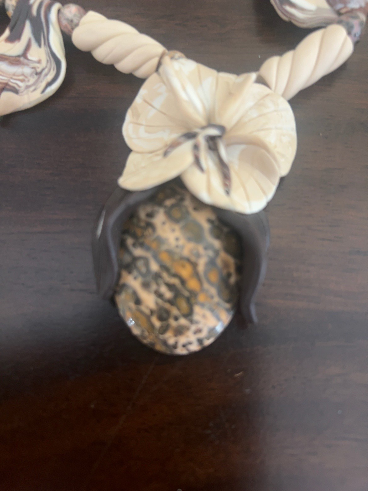 HANDMADE ARTISAN POLYMER CLAY ORCHID NECKLACE & EARRINGS FAUX JASPER OOAK SET
