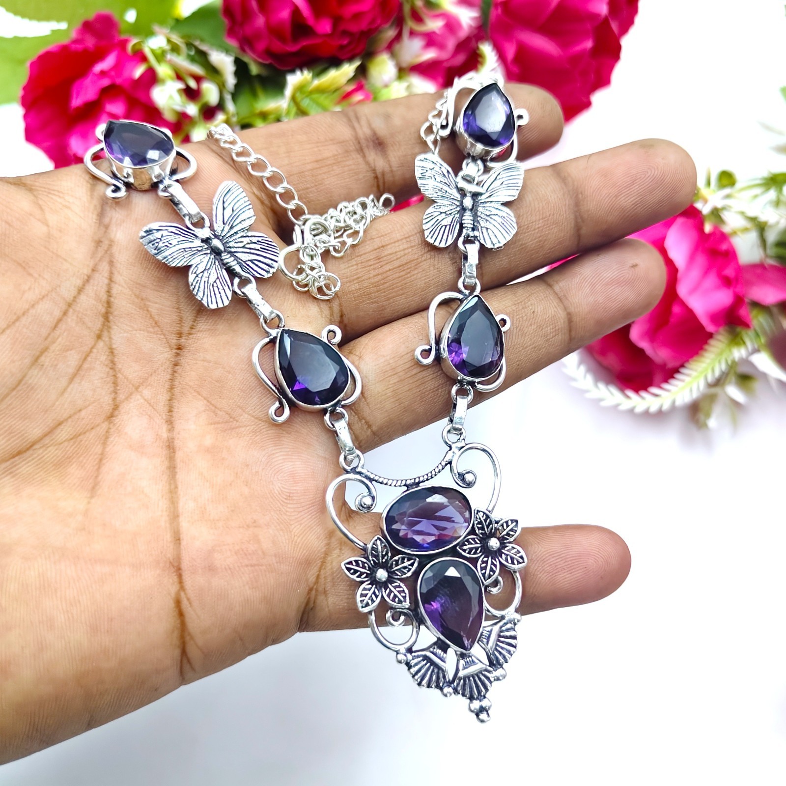 Purple Amethyst Gemstone Handmade 925 Sterling Silver Jewelry Necklace Sz-17-18″