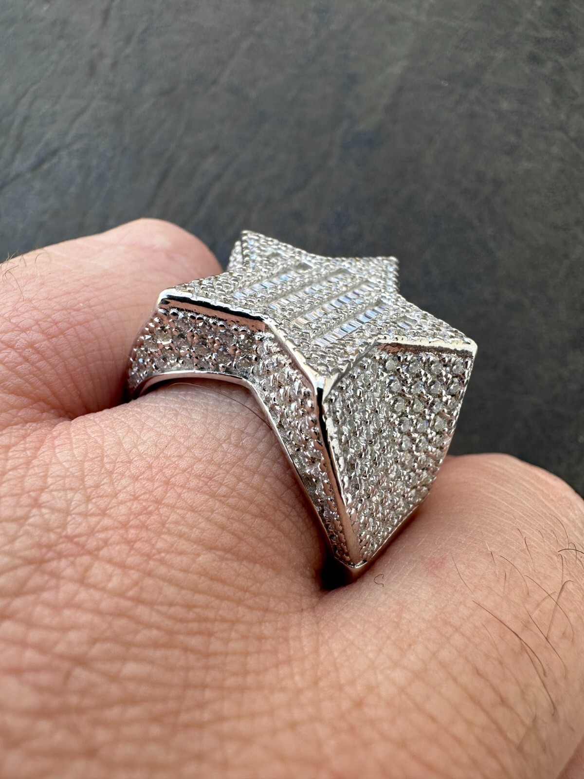 MOISSANITE Real 925 Silver Iced Baguette Star Shape Ring Passes Tester Hip Hop