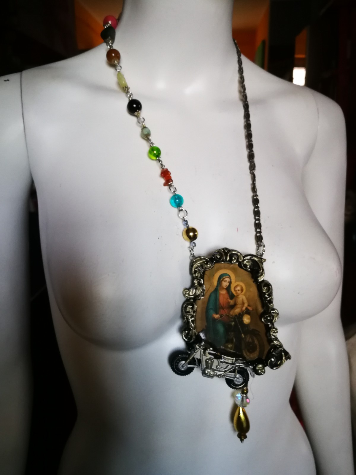 Vintage Assemblage Jewelry Necklace Pendant Baroque Pop Religion Motorcycle Fans