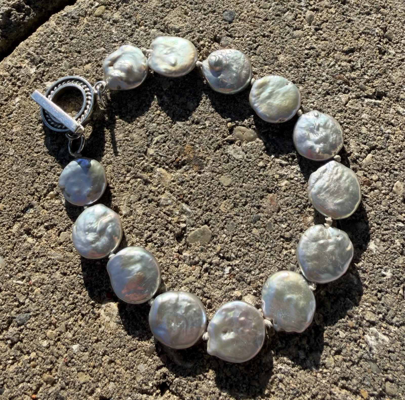 Sterling Silver 12.5mm Freshwater Coin Pearl Bracelet 8.5”