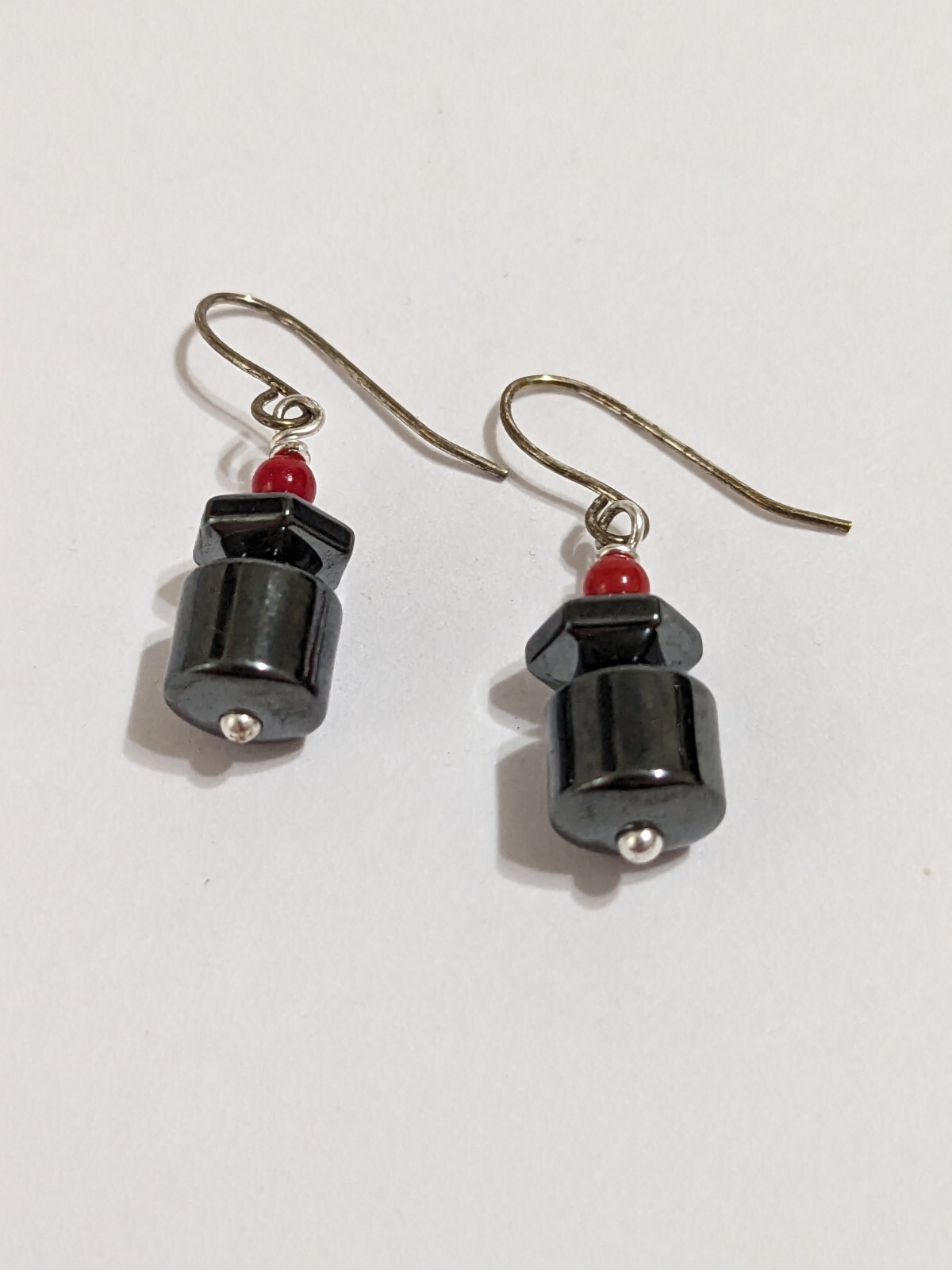 Silver Tone Hook Earrings With Black Hematite And Red Acrylic Beads. Modern. 1″
