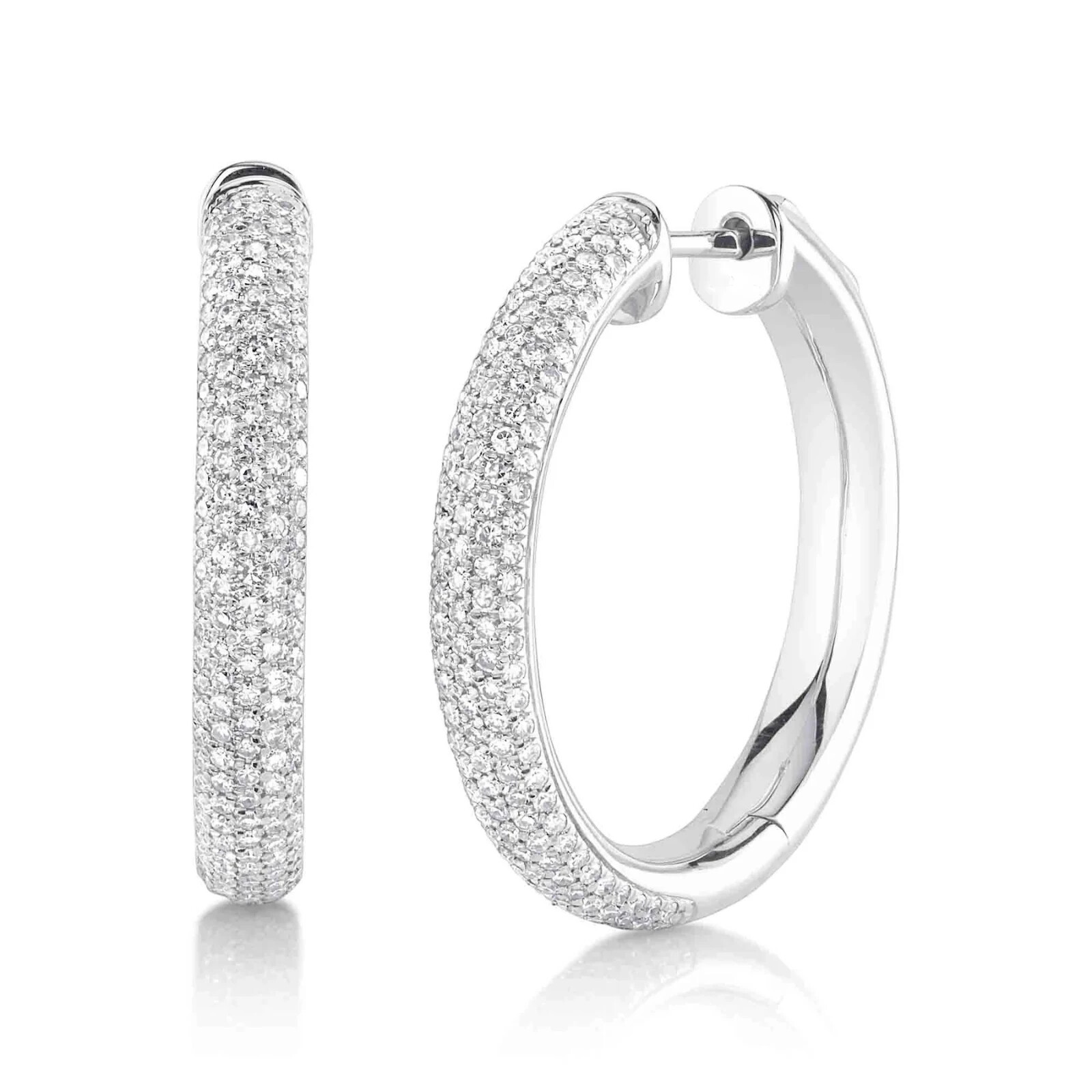 14K White Gold Pave Diamond Hoop Earrings Natural 0.76 CT 1.00″ Diameter