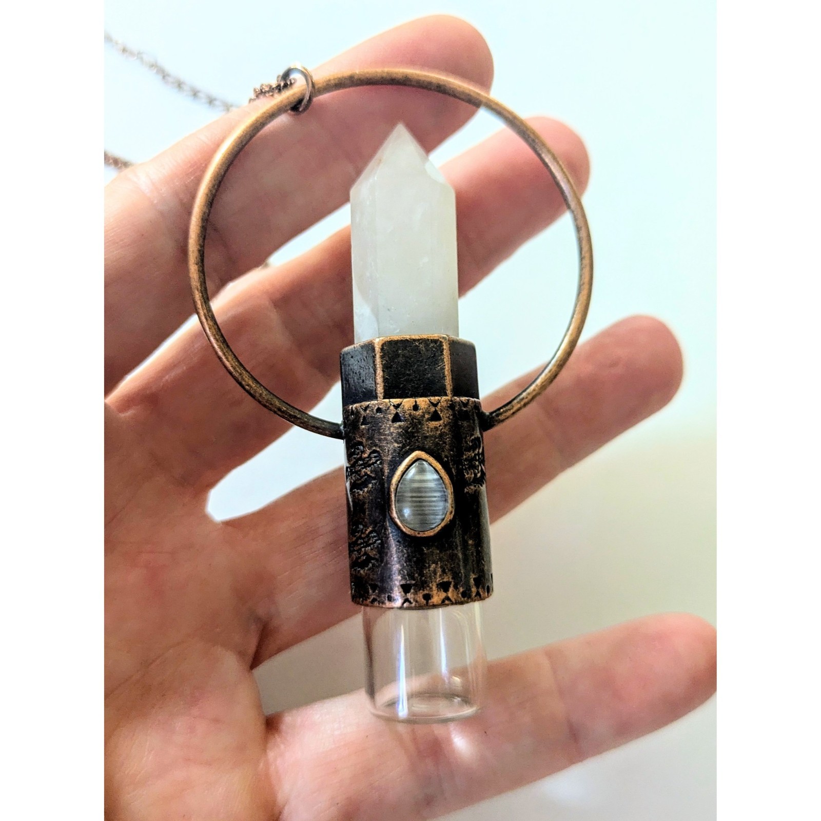 Copper & Quartz Crystal Essential Oil Rollerball Vial Pendant Necklace NEW